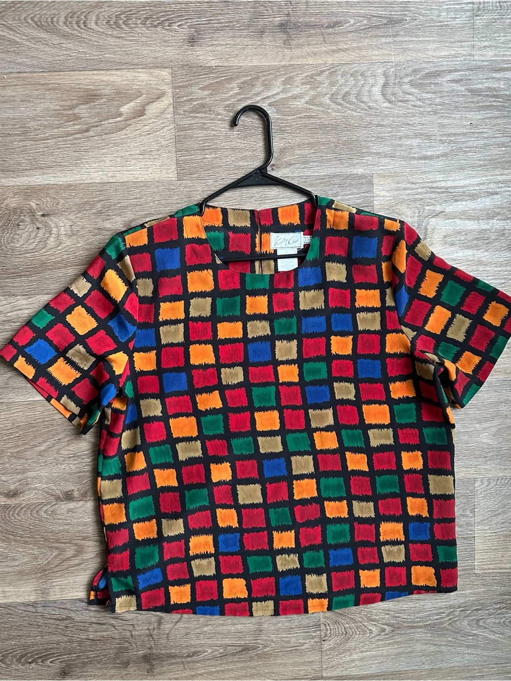 Vintage 80s Kathy Che Geometric Rainbow Checkerboard Blouse L Shoulder Pads